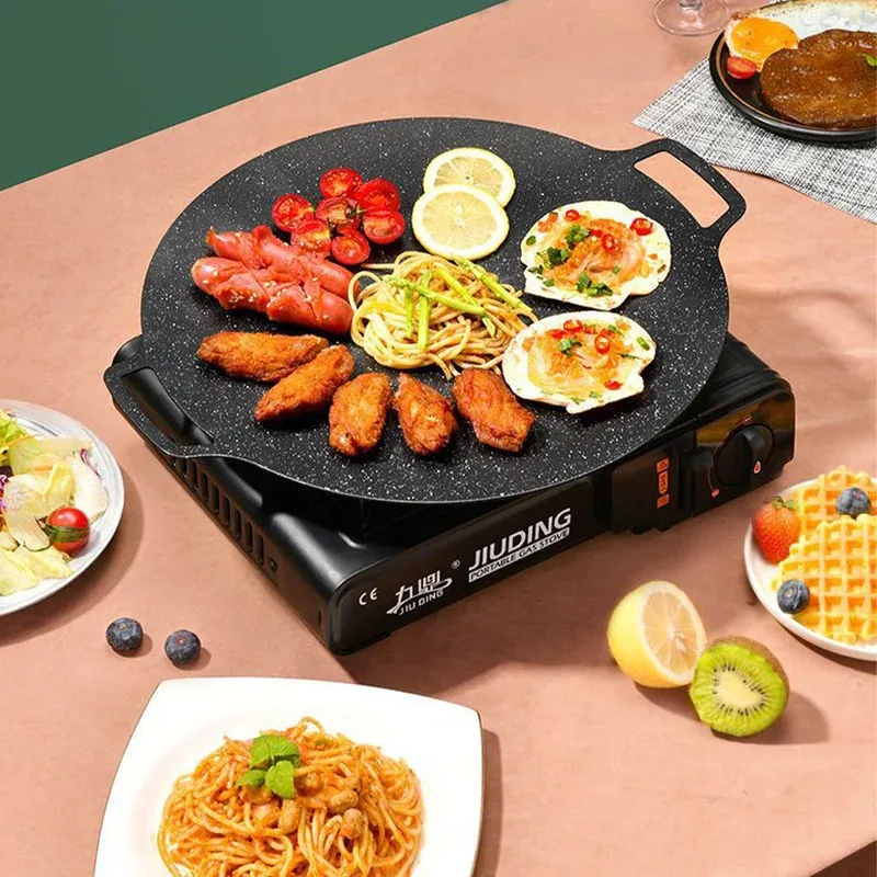 BBQ Grill Pan Smokeless Round Griddle Pan Barbecue Plate Indoor Outdoor Grilling Frying Pan with Heat-resistant holder