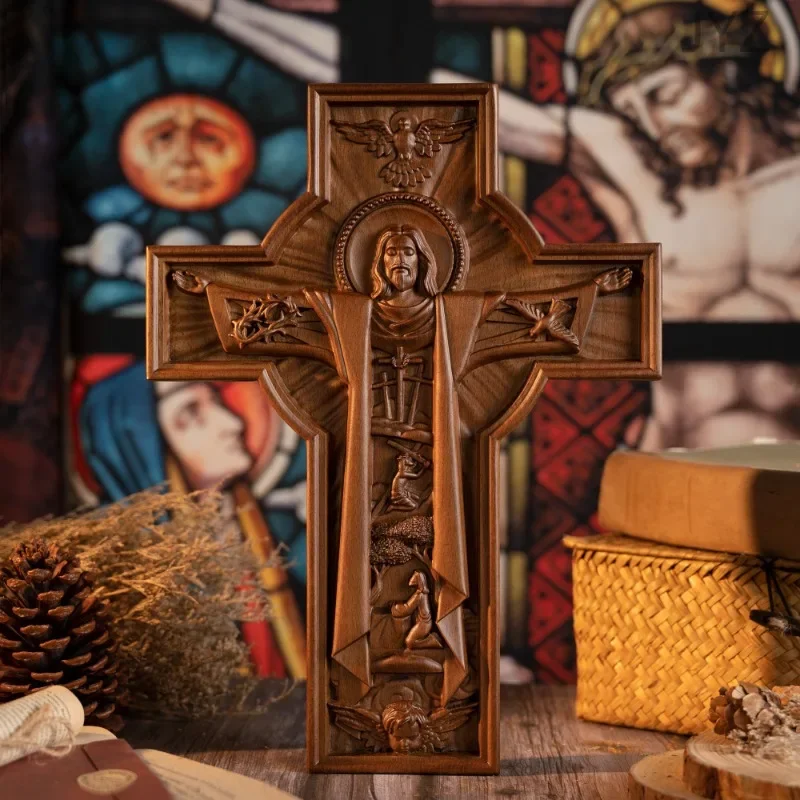 

High Quality Wooden Easter Catholic Cross Jesus Statue Interior Wall Decoration, Religious Baptismal Gift