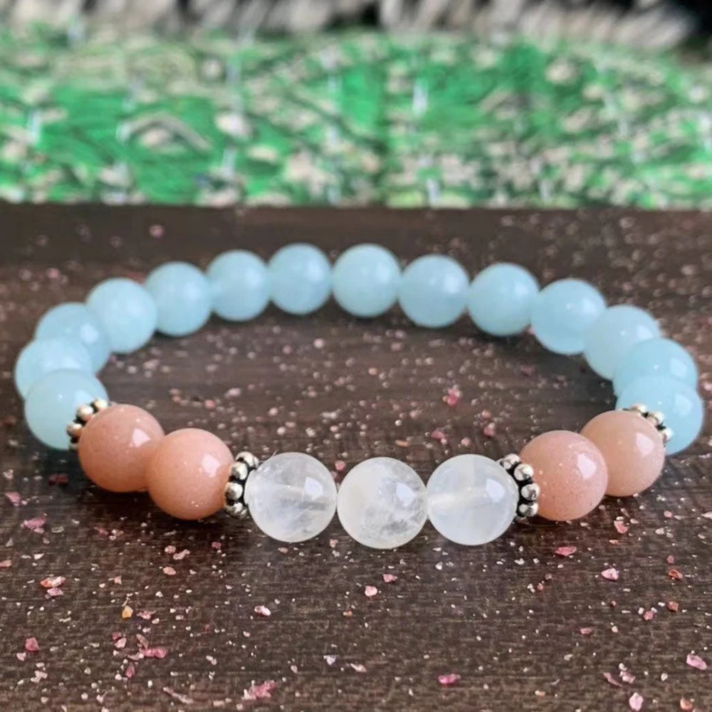 MG1590 Sunstone Moonstone and Aquamarine Wrist Mala Divine Feminin Yoga Bracelet Goddess Energy Gift