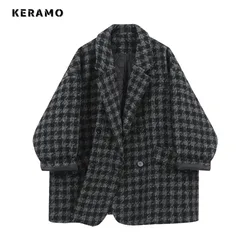 Women Retro Office Lady Plaid Notched Collar Long Sleeve Blazers 2023 Autumn Winter Vintage Casual Loose ELegant Tailored Coat