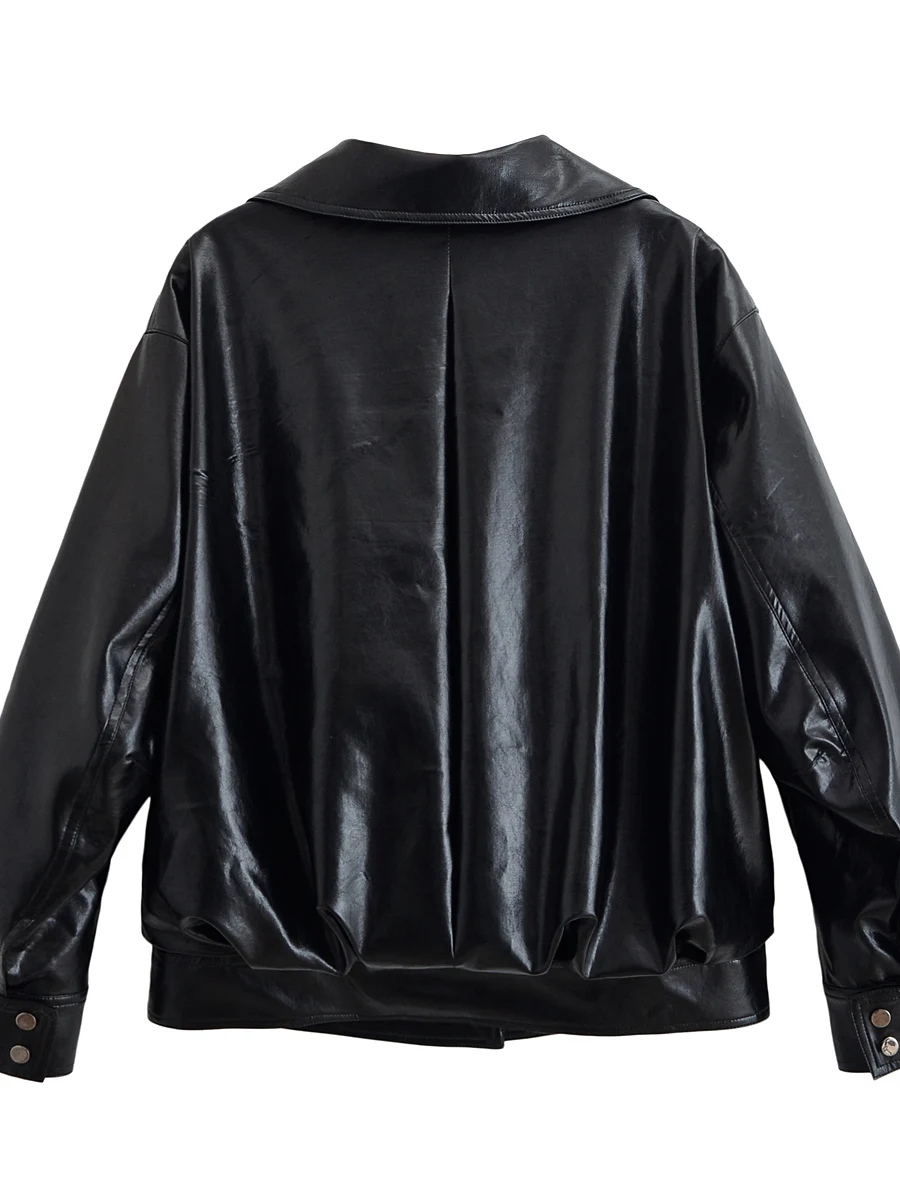 معطف نسائي أنيق من جلد البولي يوريثان الرائع من جلد البولي يوريثان مع سحاب ملابس خارجية فضفاضة بتصميم طية صدر السترة طويل للشتاء