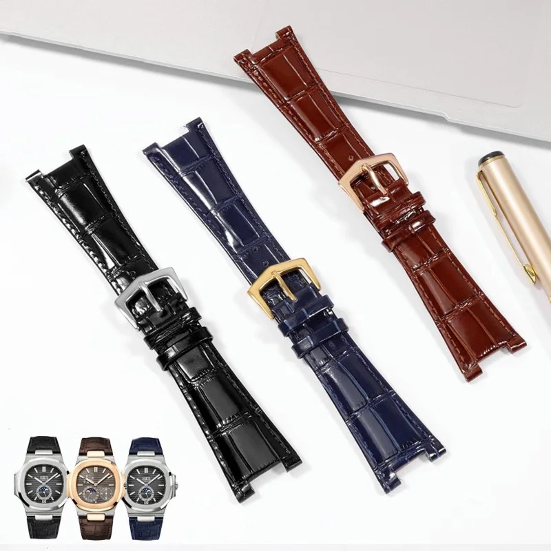 Watch Accessories Genuine Leather Watch Strap For Patek Philippe Nautilus Watchband Concave 13mm Mouth Bracelet   Men 25x13mm