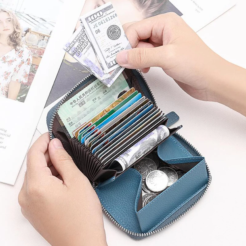 Small Original Cowhide Genuine Leather Coin Wallet Girl Anti RFID Creidt Card Holder Short Zipper Purse for Women Birthday Gifts