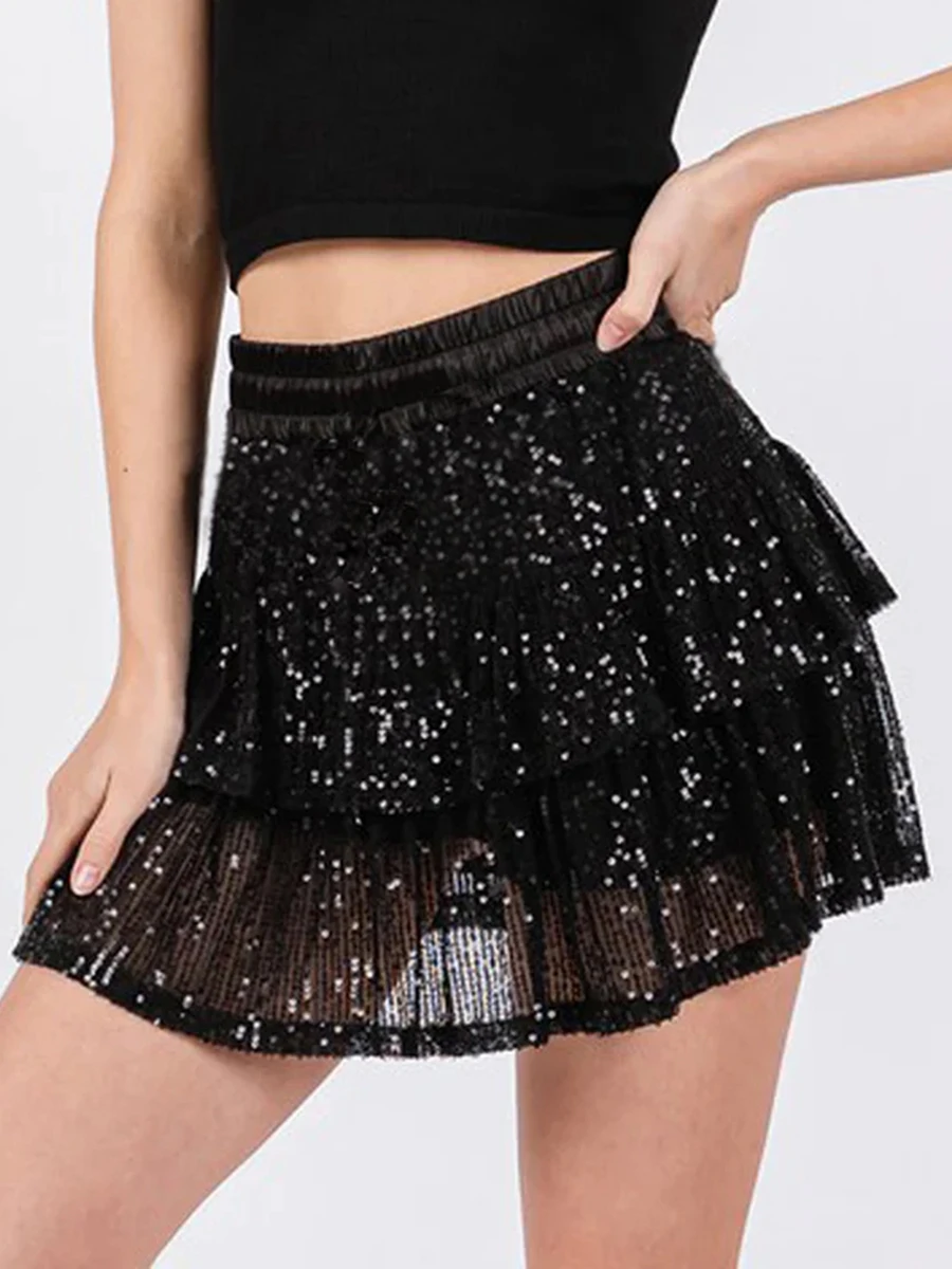 New Fashion Women Summer Mini Skirt Casual Sparkling Sequins Elastic A-Line Skirt For Beach Vacation Club Streetwear S M L