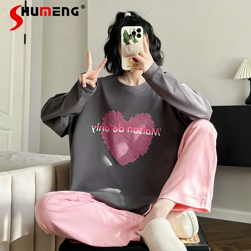 

Весенне-осенние пижамы из чистого хлопка для женщин, носимые с длинными рукавами, уличная одежда для сна для девочек, повседневный домашний костюм с круглым вырезом