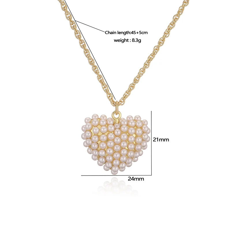 18K Gold Plated Brass Charm Pendant Necklace Classic Heart Shaped Star Inlaid Shiny Pearl Ladies Jewellery Wedding Romantic Gift