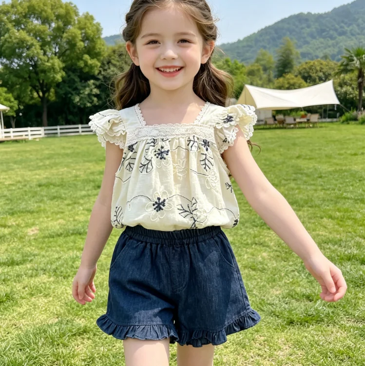 Girls' Suit 2026 Spring/summer New Children's Clothing Korean Style Baby Girl Retro Round-neck Embroidered Tunic and Shorts Set