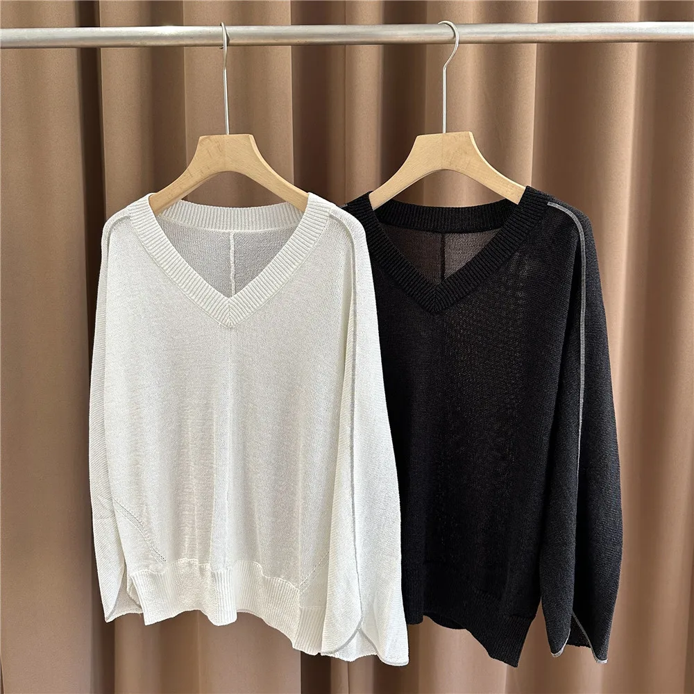 

2025 Spring/Summer New Product Fashion Knitted Cotton Blended V-neck Chain Commuter Women's Top