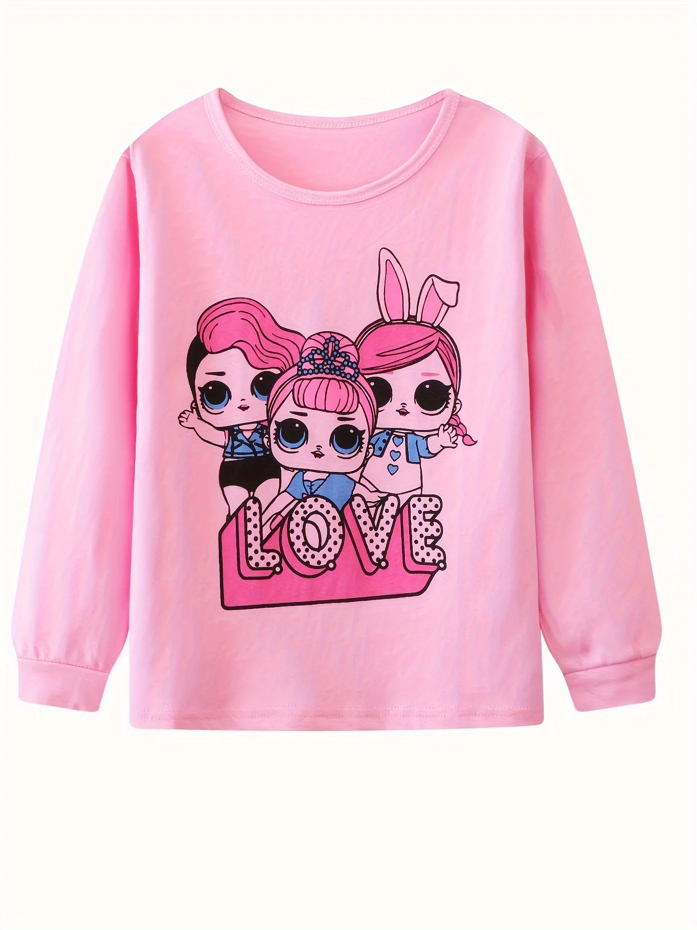 Toddler Girls 2-piece Cotton Pajama Sets Cartoon Girls Pattern Round Neck Long Sleeve Top & Full Print Trousers Casual PJ Sets F