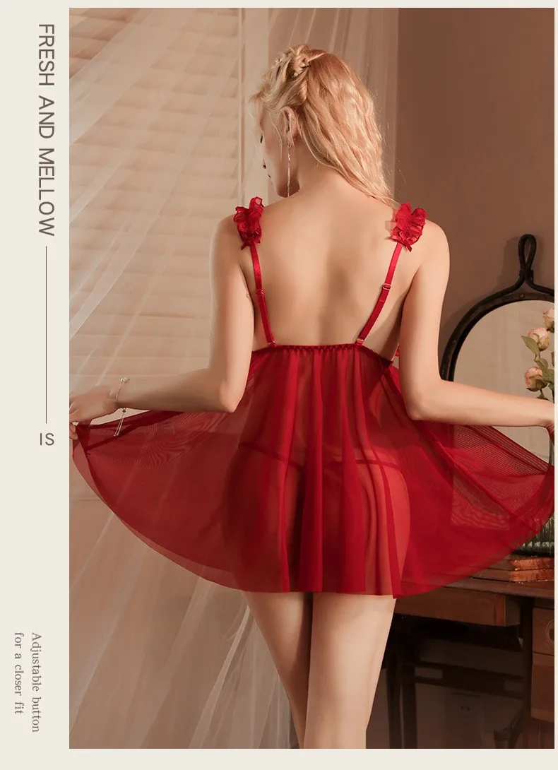 Women Pajamas Set Lace Open Bra Sleepwear Sexy Lingerie Elastic G Strings Nightwear Suit Sleeveless Crotchless Nightdress - view 3