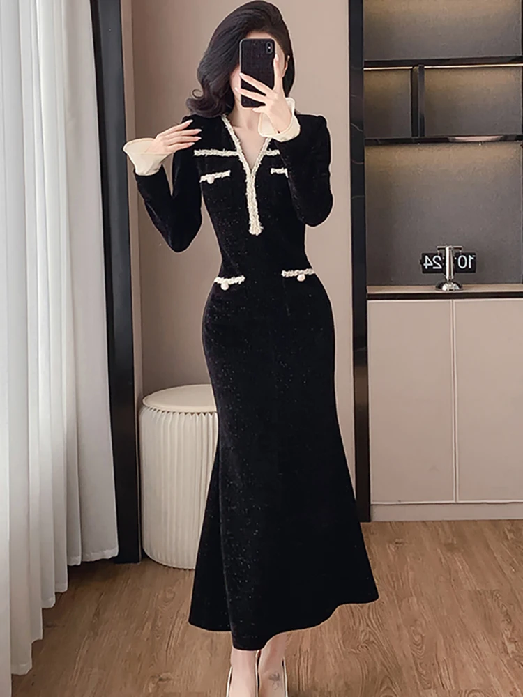 

2024 Black Bright Silk Thick Warm Long Dress Autumn Winter Elegant Luxury Evening Dress Women Korean Vintage Hepburn Party Dress