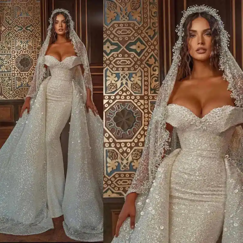 

Gorgeous Wedding Dresses Mermaid Off Shoulder Sleeveless Detachable TrainBridal Gowns Party Dress Vestido De Noiva Customized