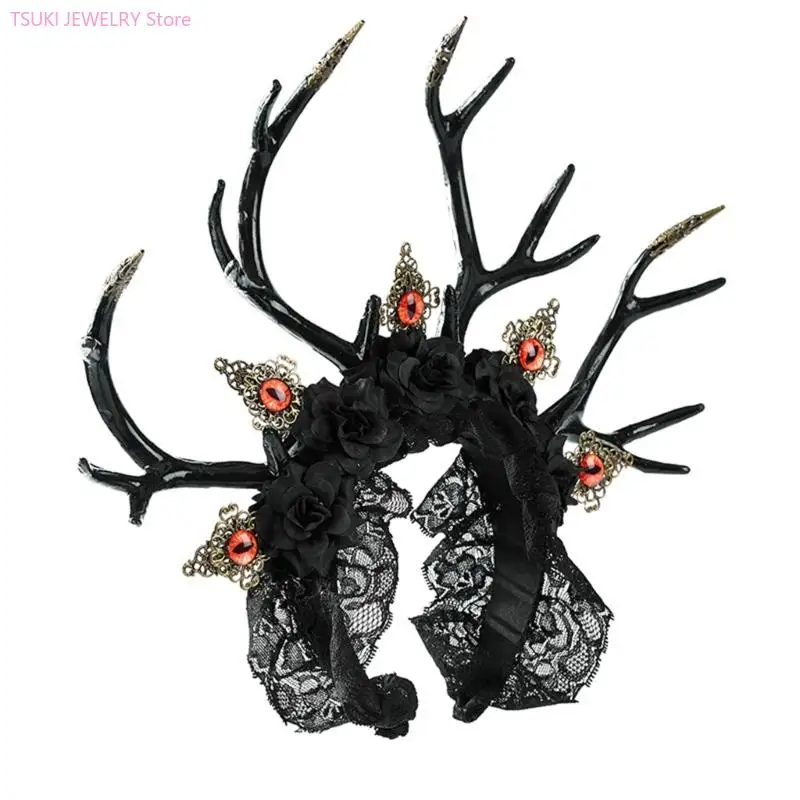 62KE شيطاني العين الغزلان قرون خوذة زي اكسسوارات للشعر عصائب للبالغين والأطفال هالوين زي الملحقات