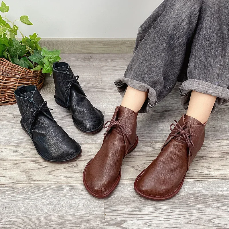 Birkuir Genuine Leather Ankle Boots Flats Shoes For Women Short Boots Lace Up Flat Sole Soft Comfort Concise Leisure Ladies Boot