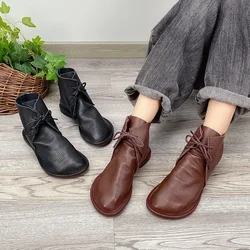 Birkuir Genuine Leather Ankle Boots Flats Shoes For Women Short Boots Lace Up Flat Sole Soft Comfort Concise Leisure Ladies Boot