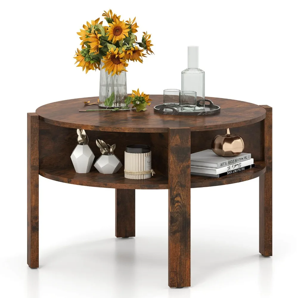 

29.5" 2-Tier Round Coffee Table w/ Storage 4 Shelves Faux Wooden Top