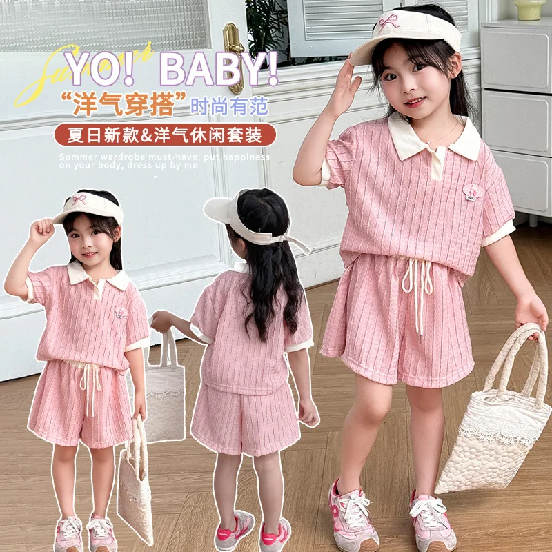 Summer New Girls Clothing Set Patchwork Lapel Polo T-shirt+Shorts 2Pcs Suit For 2 3 4 5 6 8 10 Years Girls Casual Outfit