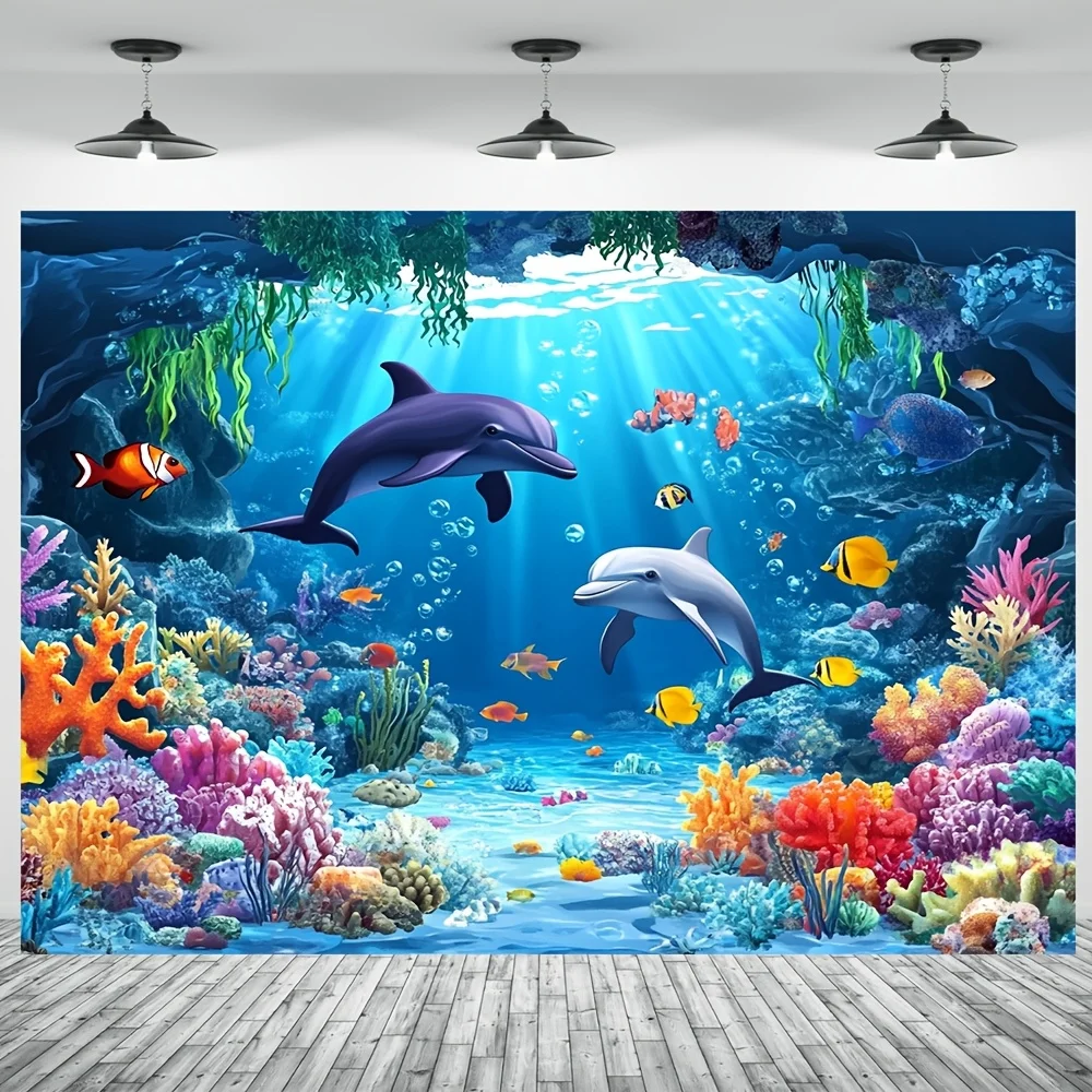 2D Flat Underwater World Tapestry Ocean Life Wall Hanging Marine Animals Coral Reef Dolphins Fish Sea Creatures Blue Water Scene