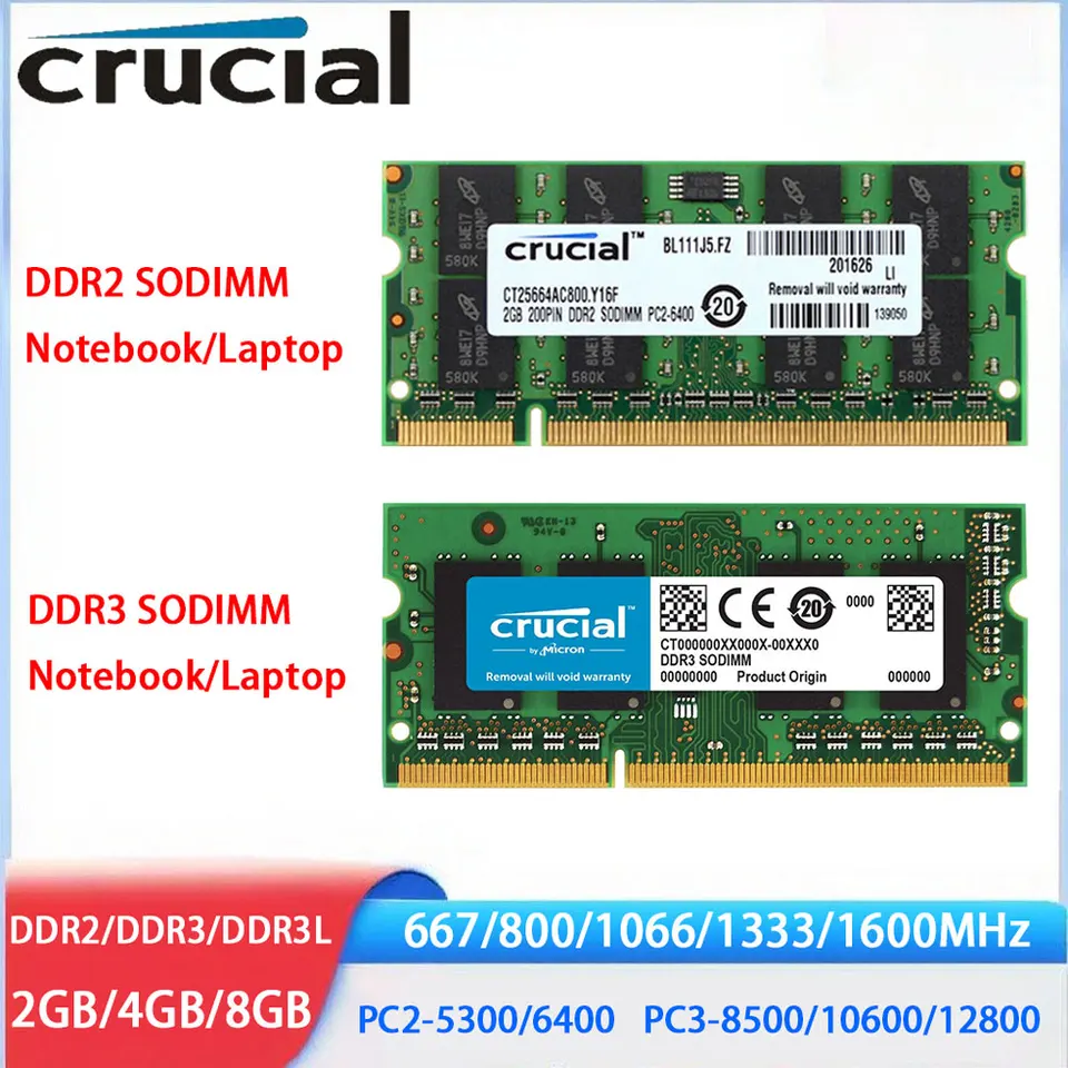 Crucial Laptop Memory RAM DDR3 DDR3L DDR2 2GB 4GB 8GB 1600 1866