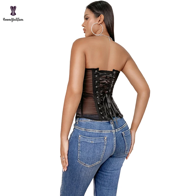 Black Translucent Bustier Curvy Waist Body Shapers Plus Size S-XXXL Slimming Corselet  Mesh Overbust Corset With Bra Padded