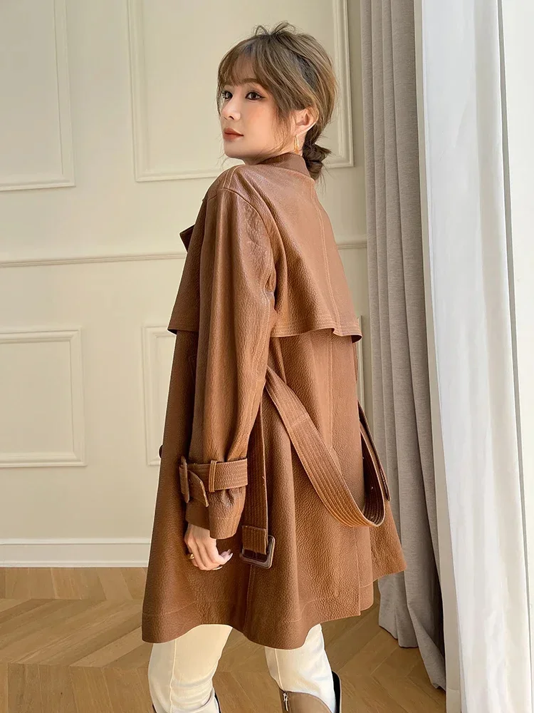 Sheepskin Long Trench Coat for Women Autumn Winter 2024 Trend High-end Slim Double Breasted Belted Genuine Leather Jacket