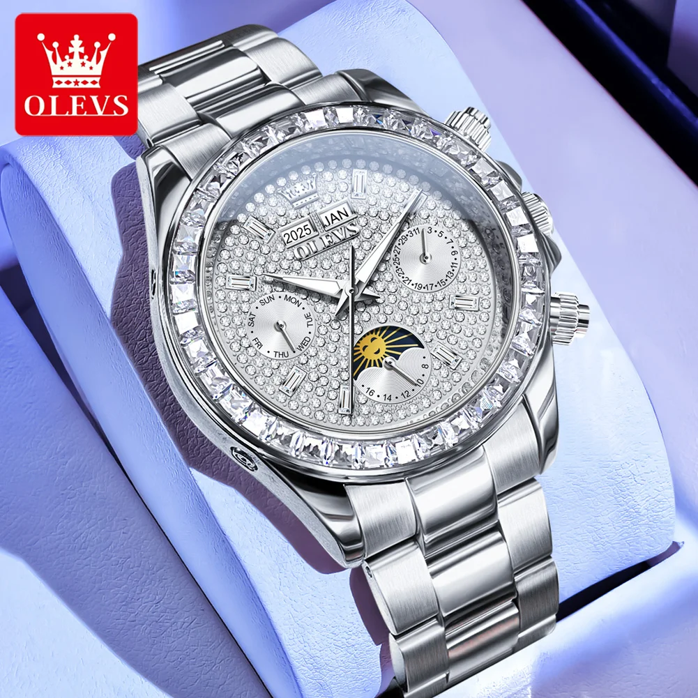 OLEVS 7038 reloj automático para hombre completamente diamante fase lunar reloj mecánico para hombre calendario Original resistente al agua relojes de pulsera para hombre