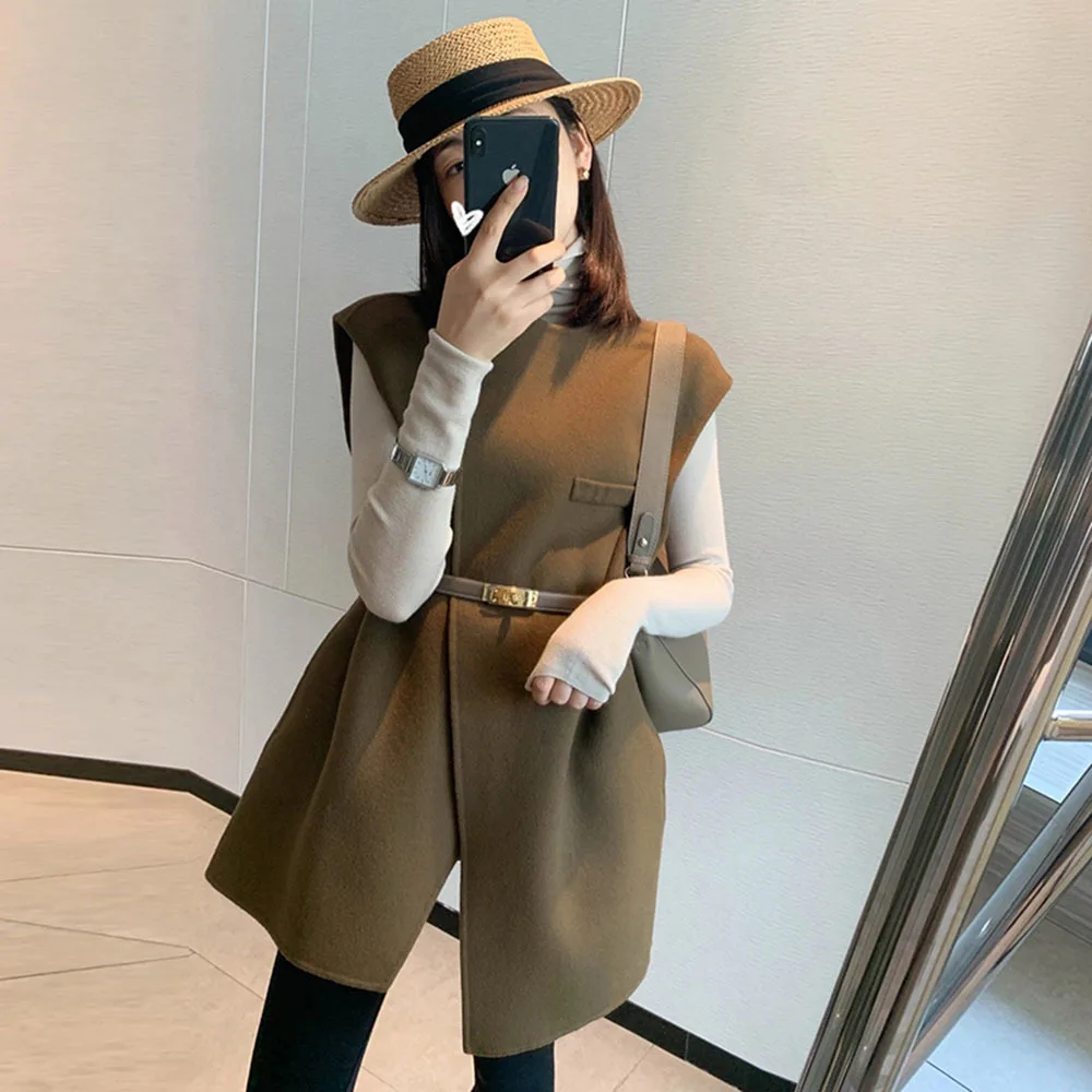 

Elegant Vests For Women Spring Autumn Fashion Sleeveless Woolen Jackets Ladies French Vintage Wool Blends Waistcoat Female Coat