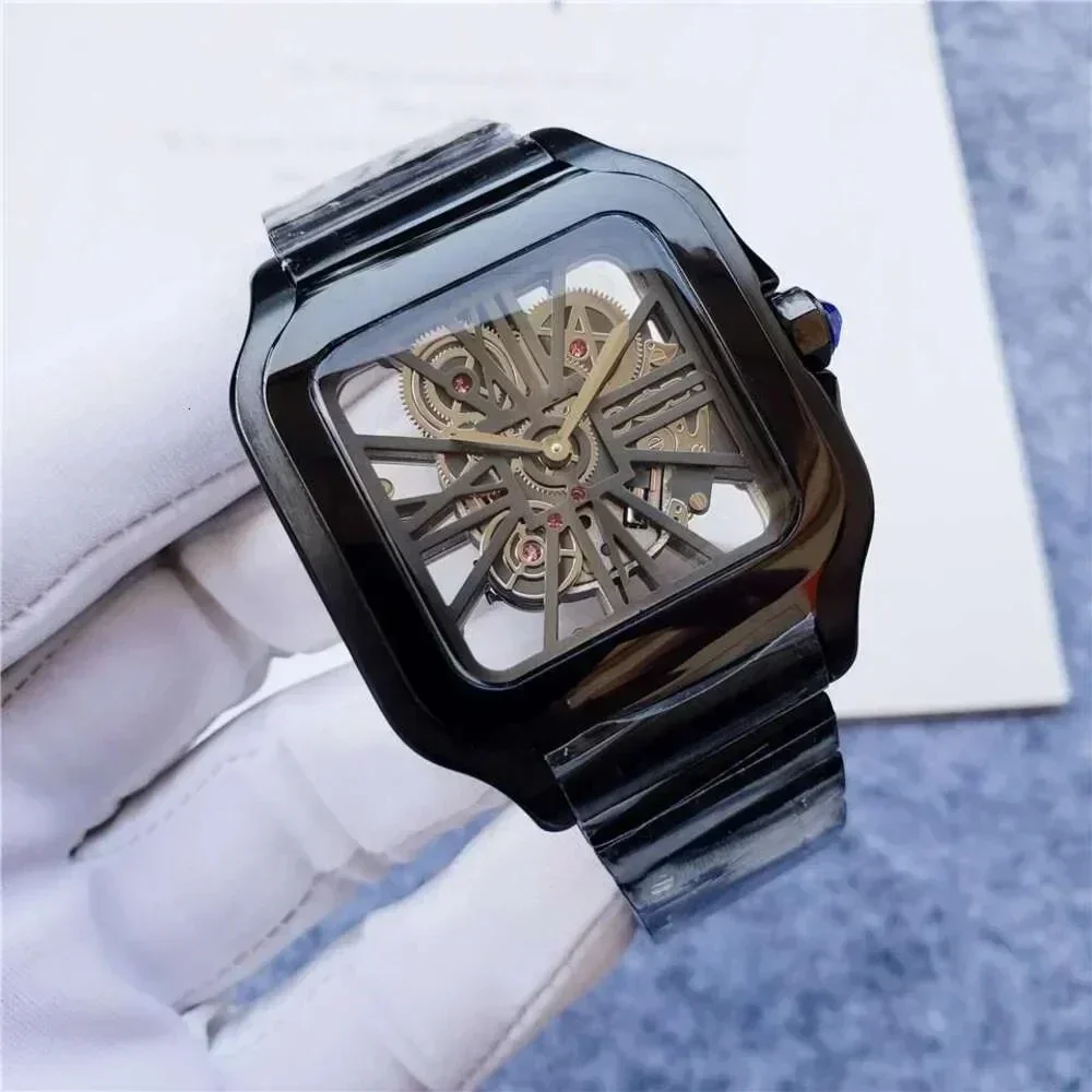 Luxury New Mens Watches Skeleton Vk Quartz Movement Square Watches Double Sided 904L Stainless Steel Strap Montre De Luxe