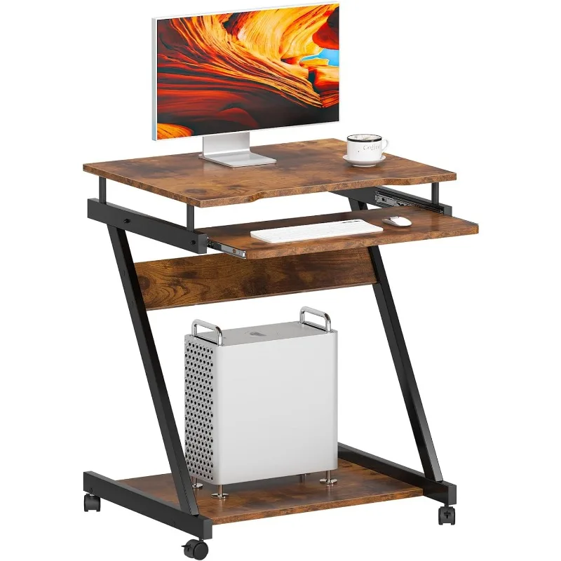 Mobile Computer Desk, Small Rolling Work Workstation for Home and Office with Printer Shelf, Keyboard Drawers