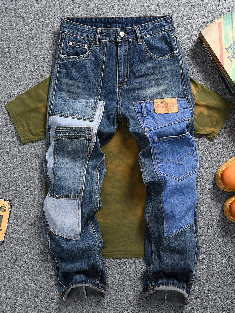 

Men's American Vintage Patchwork Jeans, Loose Straight High Street Style, Fashion Retro Denim Long Pants