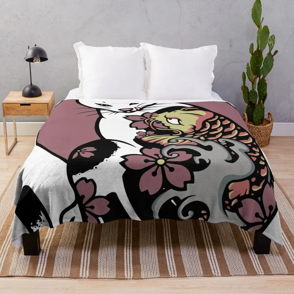 

Monmon cat - Cat with japanese tattoo -Ko Fish Throw Blanket Beautiful Blankets Decorative Blankets Weighted Blanket