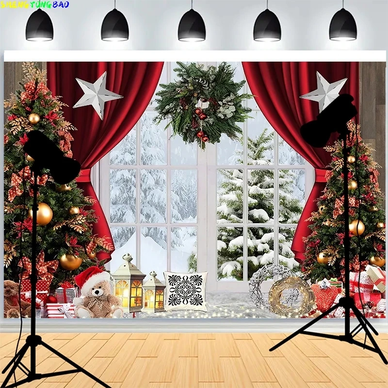 

Christmas Day Wreath Window Background Xmas Decoration Warmth Living Room Family Happiness Party Photography Backdrops AG-08