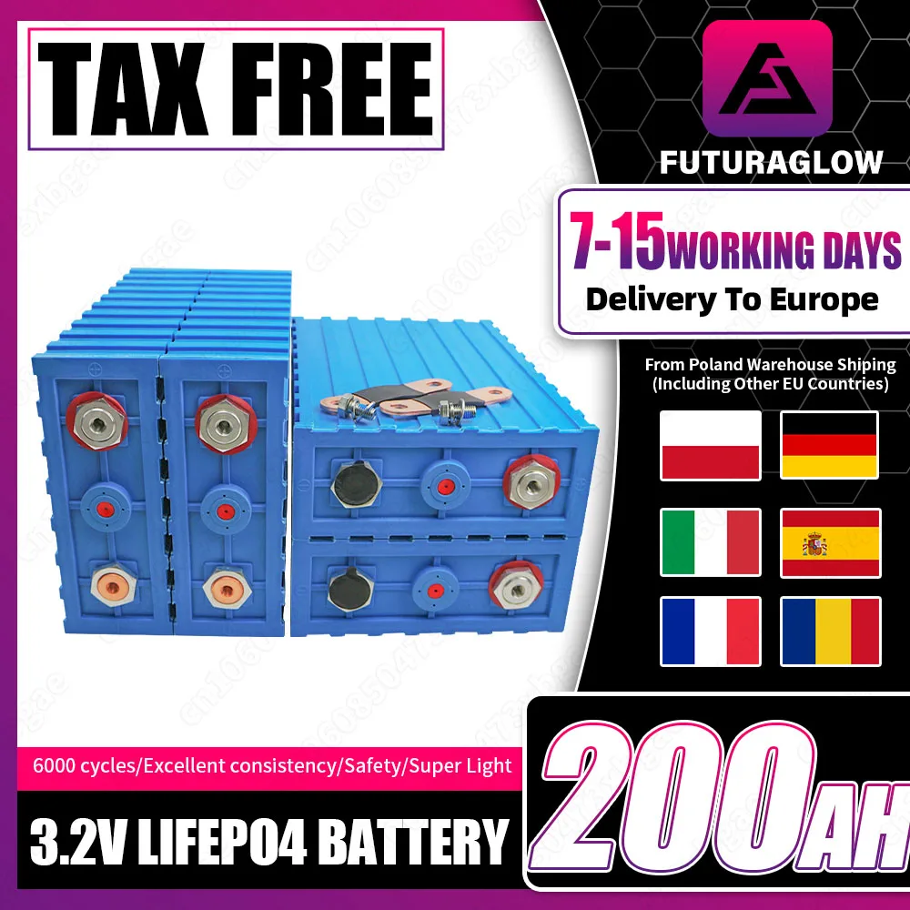 3.2V 200AH Lifepo4 Battery 4/8/16PCS Brand New Deep Cycles Rechargeable cell pack DIY 12V 24V 48V Motorcycle Car EU Stock No Tax