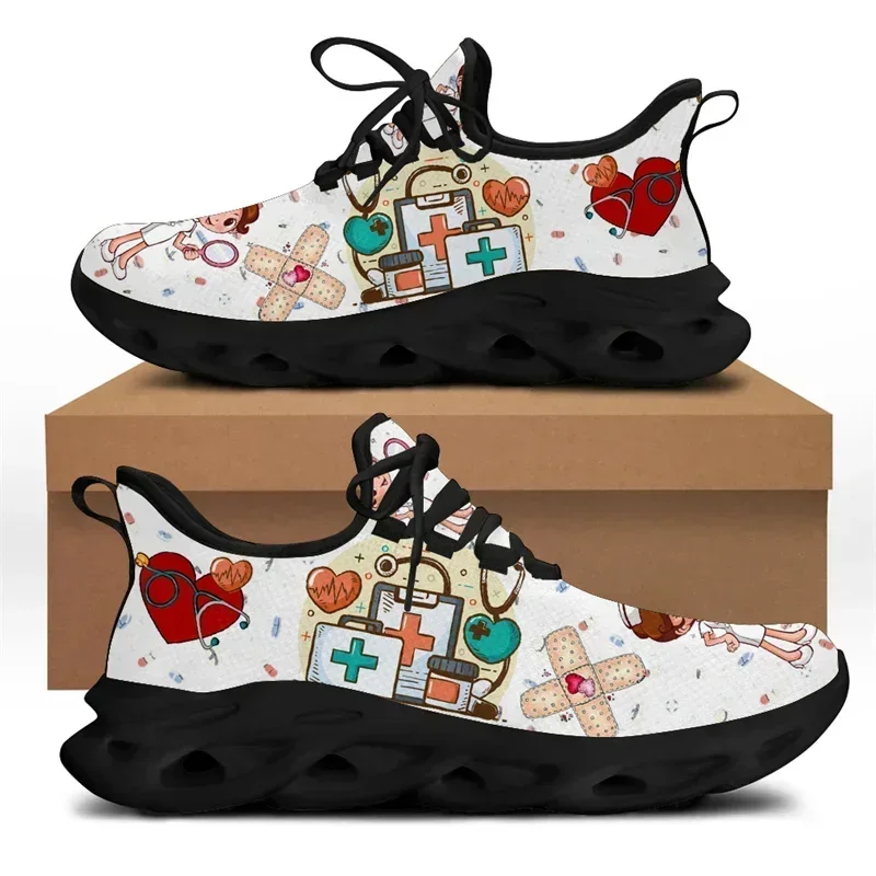 White Nursing Shoes For Women Cute Cartoon Nurse Women Sneakers Brand Design Doctor Medical Printed Light Lace-up Flats Zapatos view 4