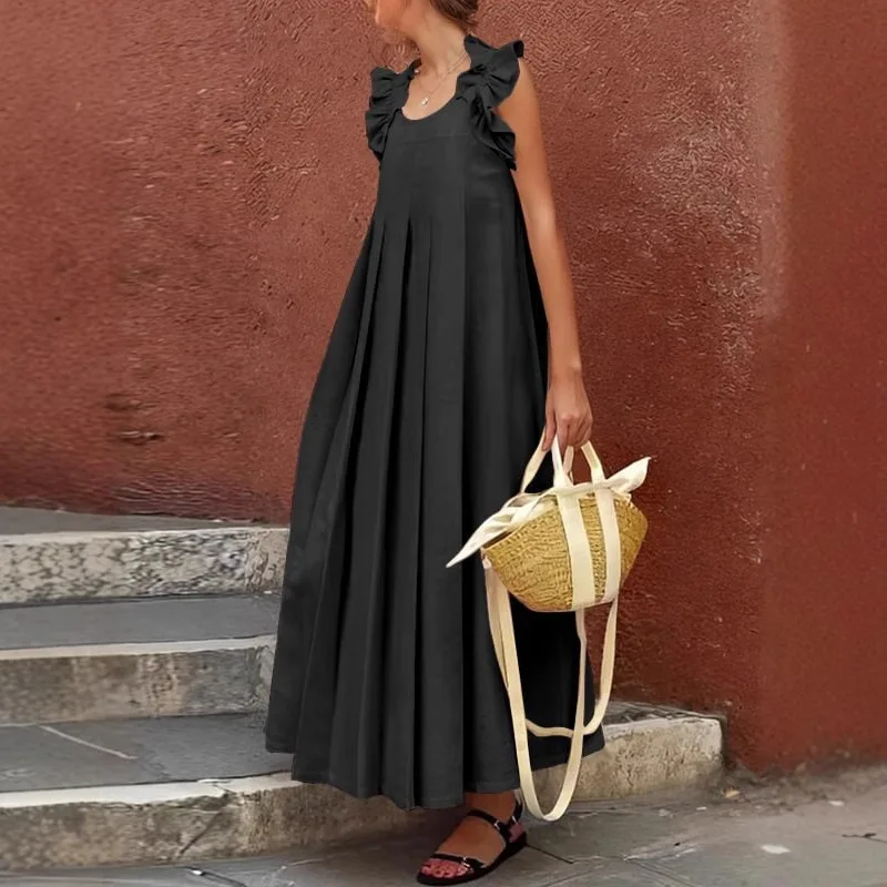 Robe d'été plissée sans manches pour femmes, col rond, ligne a, ample, couleur unie, décontractée et à la mode, Style vacances à la plage