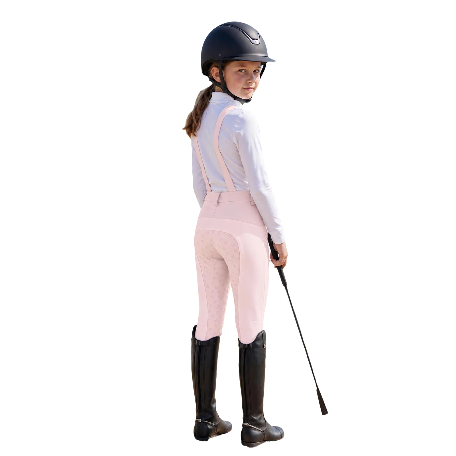 Reithose für Mädchen, elastischer Bund, Sportleggings mit Taschen und Schultergurten. – Detail 4