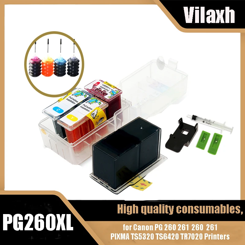 Vilaxh Smart Cartridge Refill Kit For Canon PG 260 CL 261 PG260 CL261 260XL 261XL PIXMA TS5320 TS6420 TR7020 Inkjet Printer