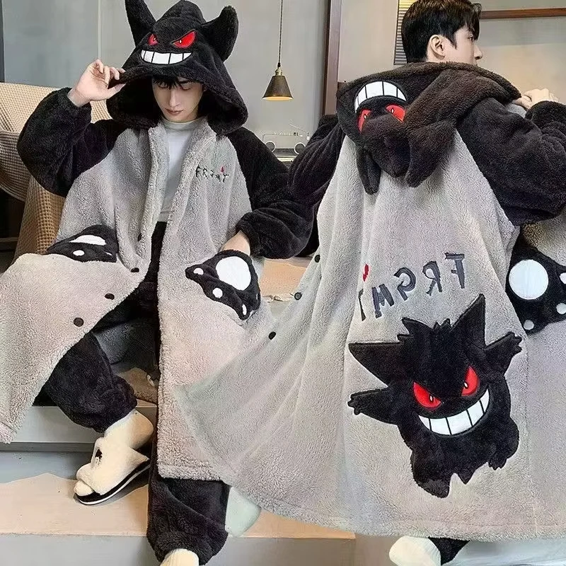 

Пижамный костюм Gengar большого размера, аниме-пижама Покемон, зимний флисовый халат из кораллового флиса, утепленный теплый домашний костюм с капюшоном для подростков и мужчин, с мультяшным принтом