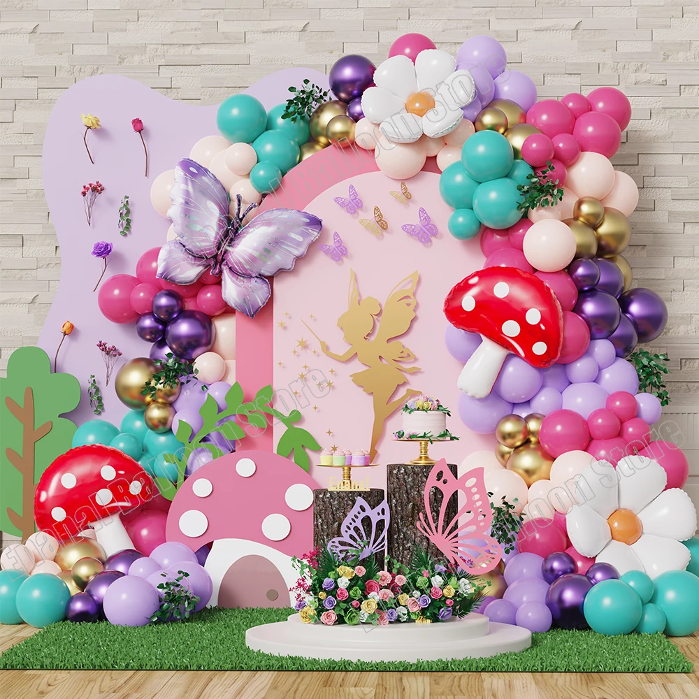 147szt Wróżka Motyw Motyl Balon Girlanda Łuk Stokrotka Grzyb Folia Las Roślina Ogród Urodziny Przyjęcie BabyShower Ślub Deco
