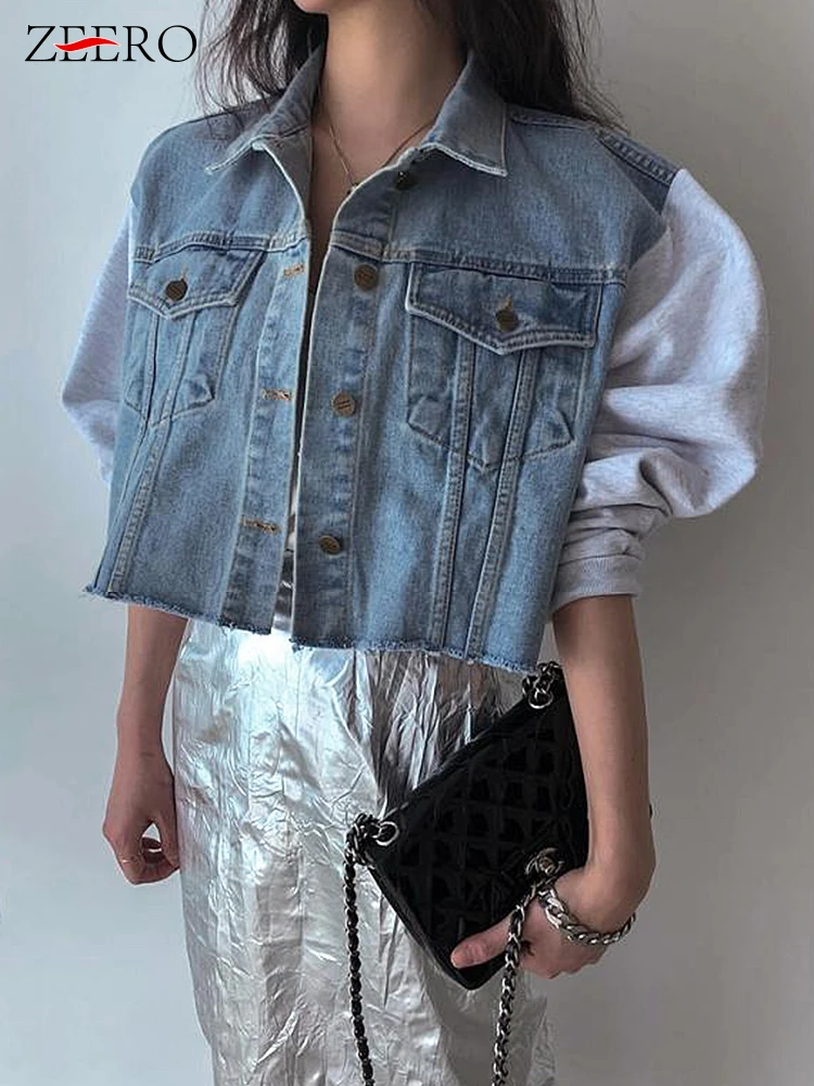 

Women Retro Short Denim Jacket Korean Streetwear Female Fake 2 Pcs Chaquetas Patchwork Long Sleeve Loose Jean Coat Outerwear