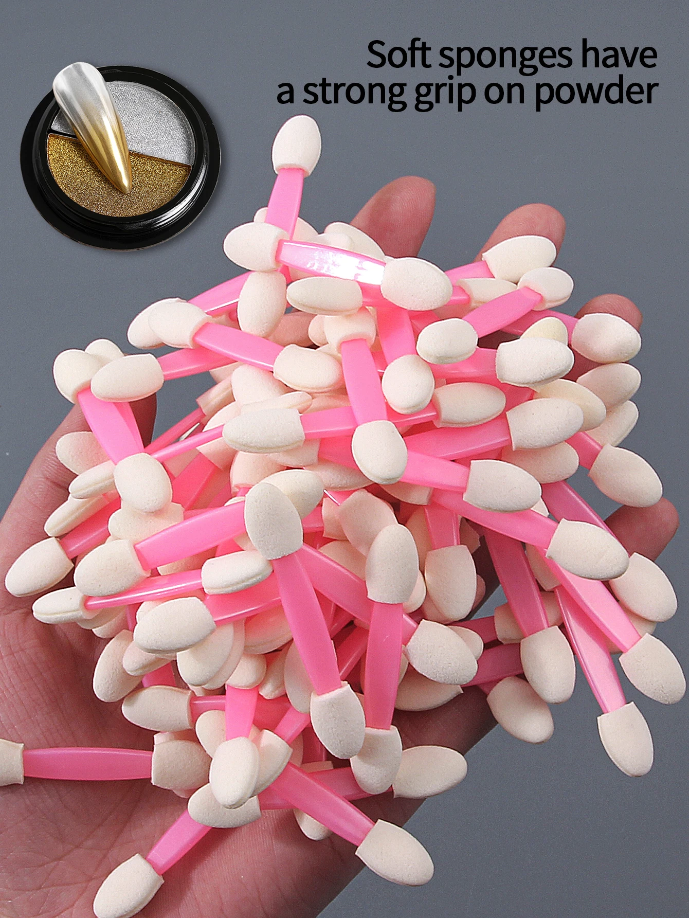 100 Uds. Esponja rosa de doble punta, cepillo para polvo de uñas, palos de esponja para sombra de ojos, aplicador de pluma de pigmento cromado, herramientas de maquillaje portátiles
