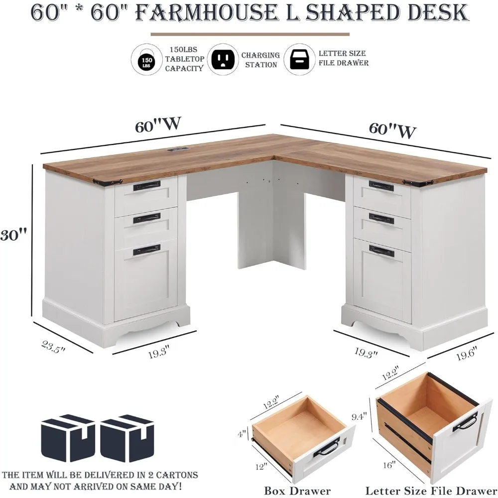 Farmhouse L Shaped Executive Desk with Drawers, Wood Home Office Corner Desk with Charging Station, File Drawer, Storage Cabinet