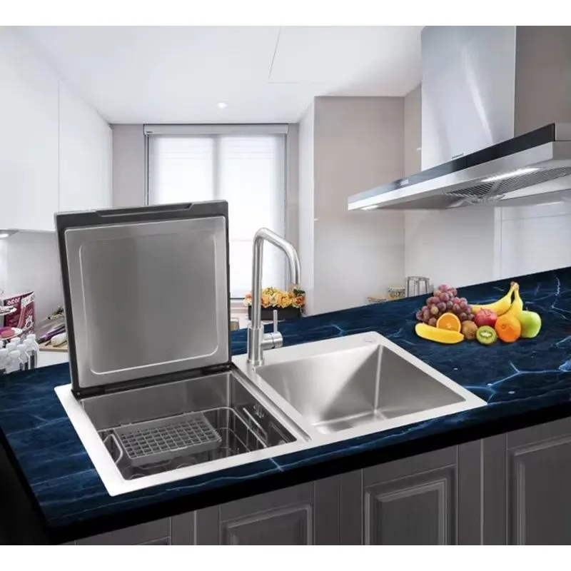 for Automatic opening Double bottom mounting Stainless steel kitchen Sink quart material Two rectangular bowls Faucet counter