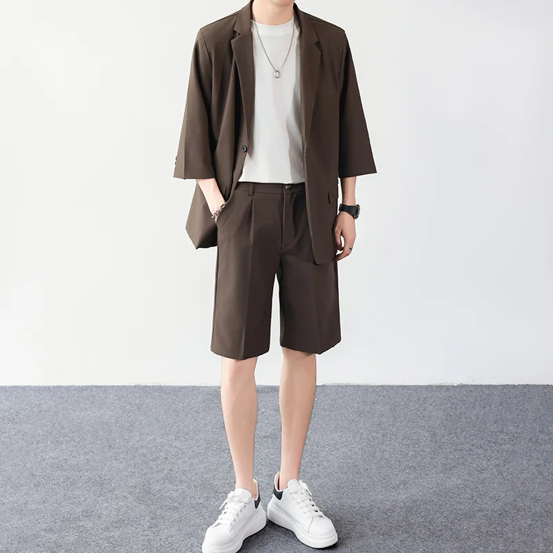 KIDWHXR Summer Man's Outfit Thin Single-breasted Short Sleeve Blazer Male Straight-leg Shorts Men Loose Casual 2-piece Set