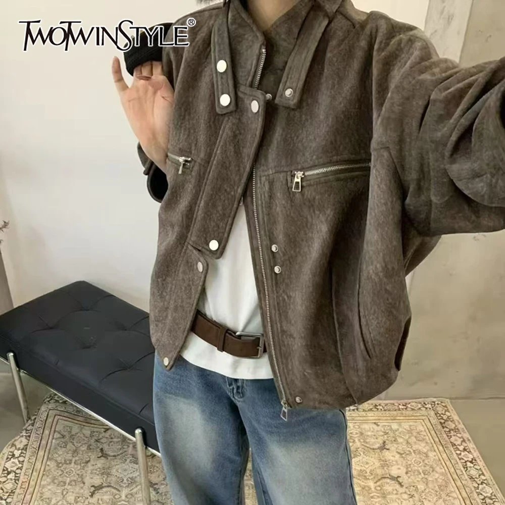 

TWOTWINSTYLE однотонная шикарная куртка на молнии, женская свободная уличная одежда с воротником-стойкой и длинными рукавами, женские куртки, осенняя мода, новинка