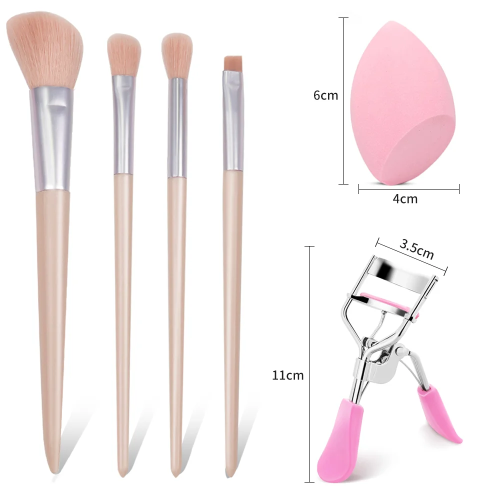 Um conjunto de ferramentas de maquiagem de 6 peças, incluindo modeladores de cílios, ovos de beleza, pincéis de maquiagem portáteis e um visual de maquiagem completo com apenas
