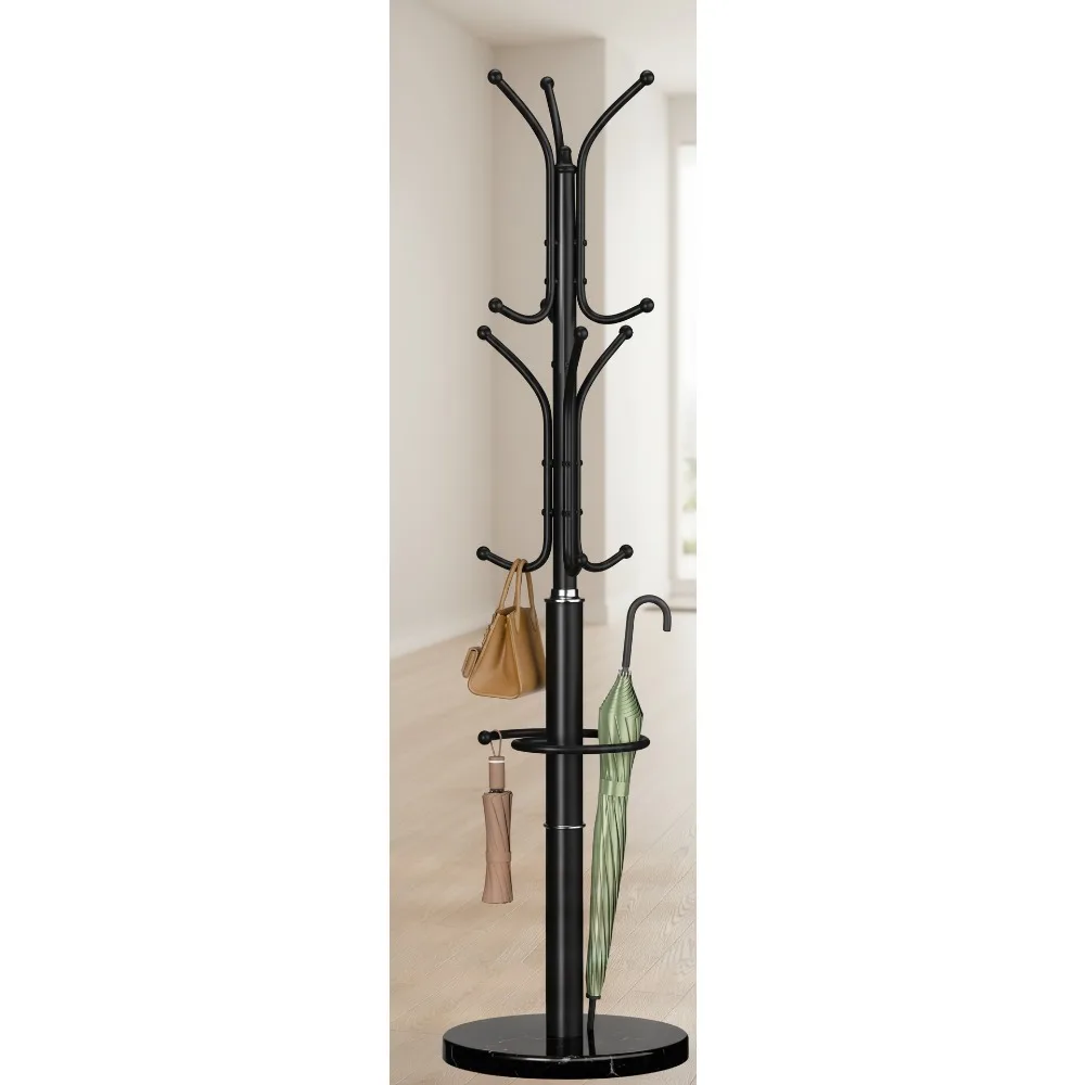 

Отдельно стоящая металлическая вешалка для одежды с мраморным основанием, 12 крючков и держателем для зонта для прихожей, спальни, офиса