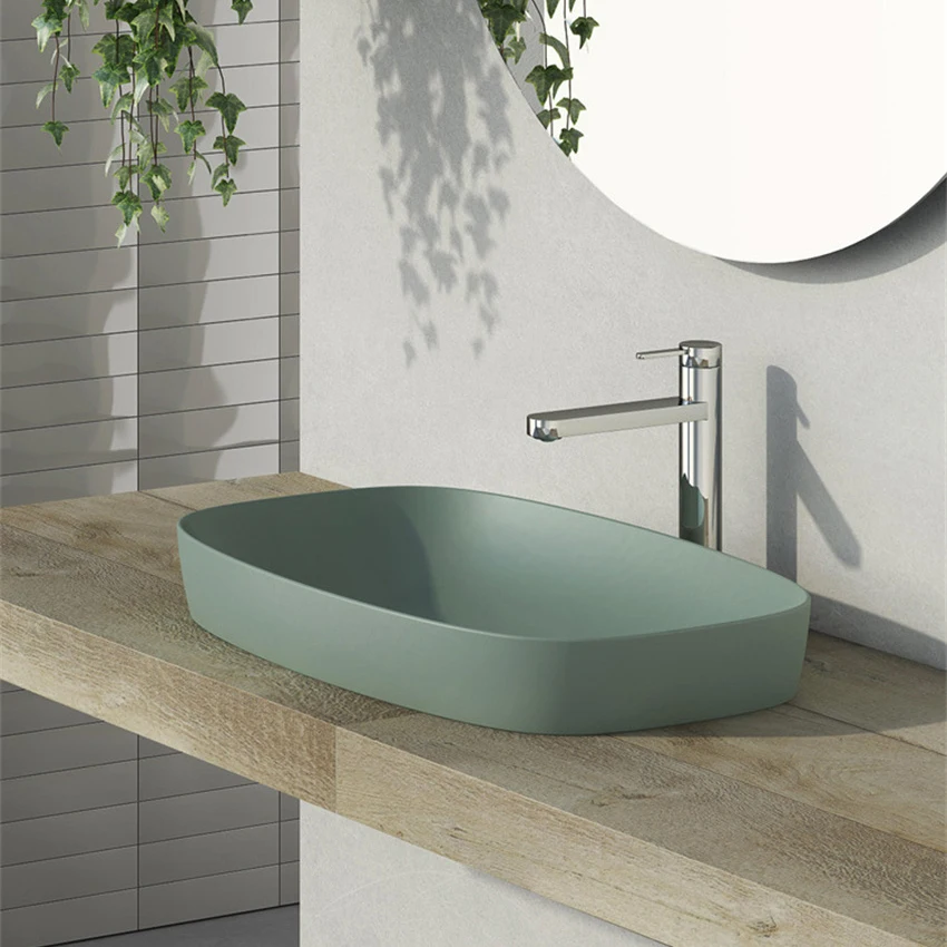 

Nordic Style Washbasin Hotel Semi Embedded Household Matte Green Sink Minimalist and Modern Bathroom Ceramic Basin 500mmx380mm