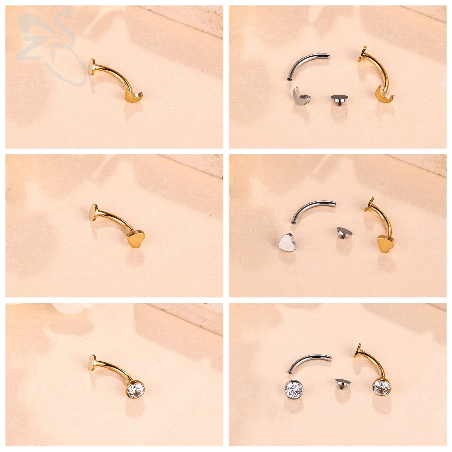 ZS 1PC Spike Bridge Piercing Stainless Steel Eyebrow Ring Curved Barbell Cartilage Earring Heart Moon Star Cone Labret Piercing image 3