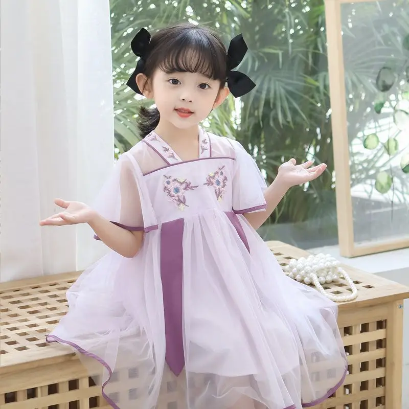 2024 New Summer Girls\' Hanfu Dress Children\'s Antique Flying Sleeve Mesh Skirt Baby Princess Dress Girl\'s Casual Dress